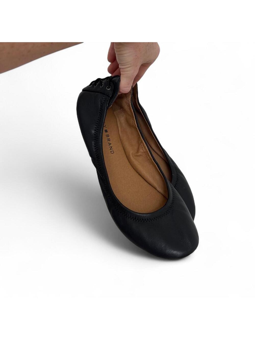 Lucky Brand Emmie Black Leather Ballet Flats Lace Back Size 10M